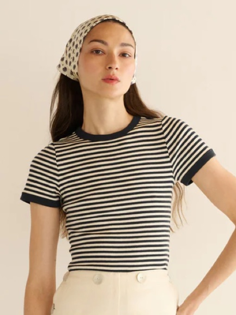 NWT Doen Vivi Cotton Crewneck T Shirt Top Navy Nantucket Stripe Blue White